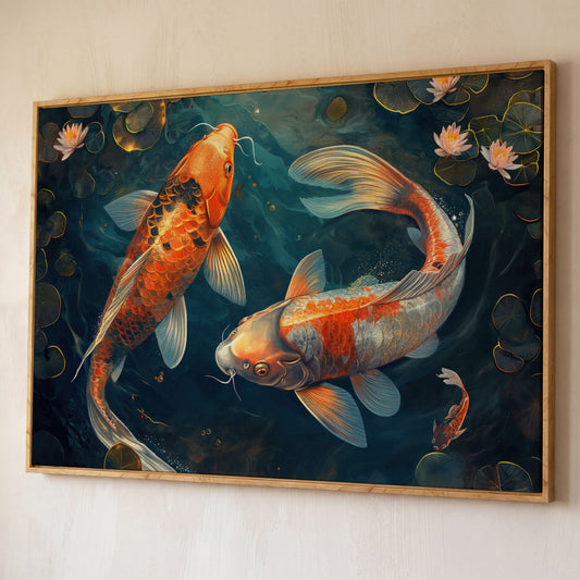 Lively Pond Koi Fish Abstract Canvas shown in white oak floating frame