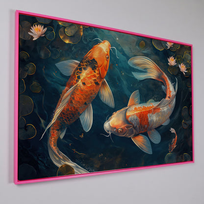 Lively Pond Koi Fish Abstract Canvas in pink floating frame