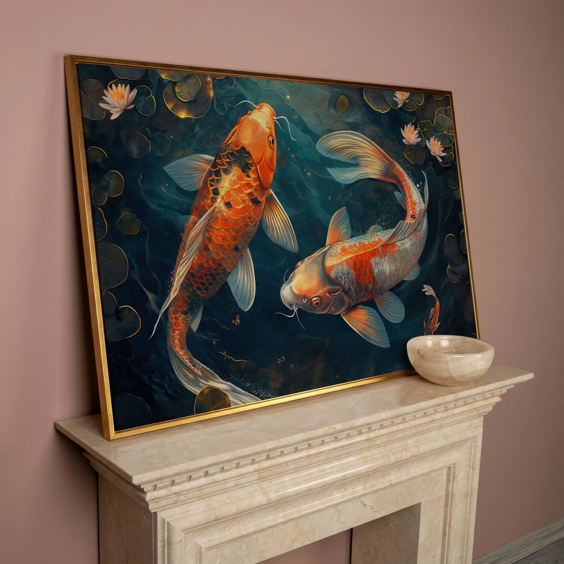 Lively Pond Koi Fish Abstract Canvas in rose gold floating frame