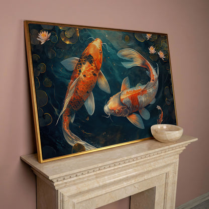 Lively Pond Koi Fish Abstract Canvas in rose gold floating frame