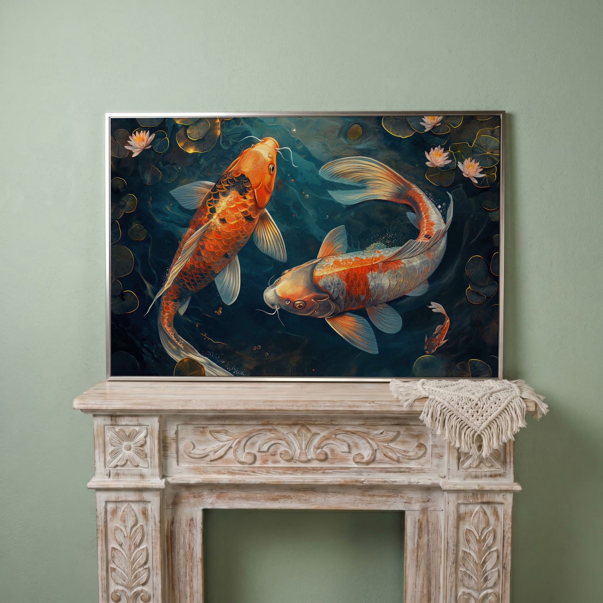 Lively Pond Koi Fish Abstract Canvas in silver floating frame