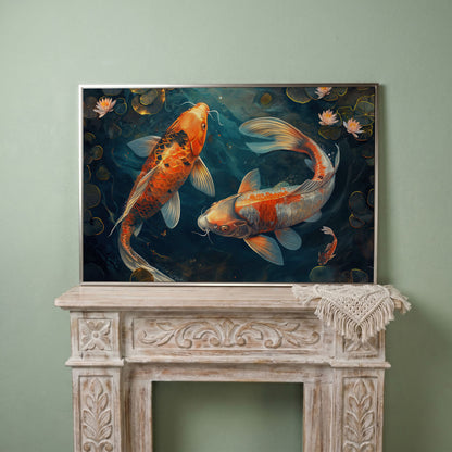 Lively Pond Koi Fish Abstract Canvas in silver floating frame