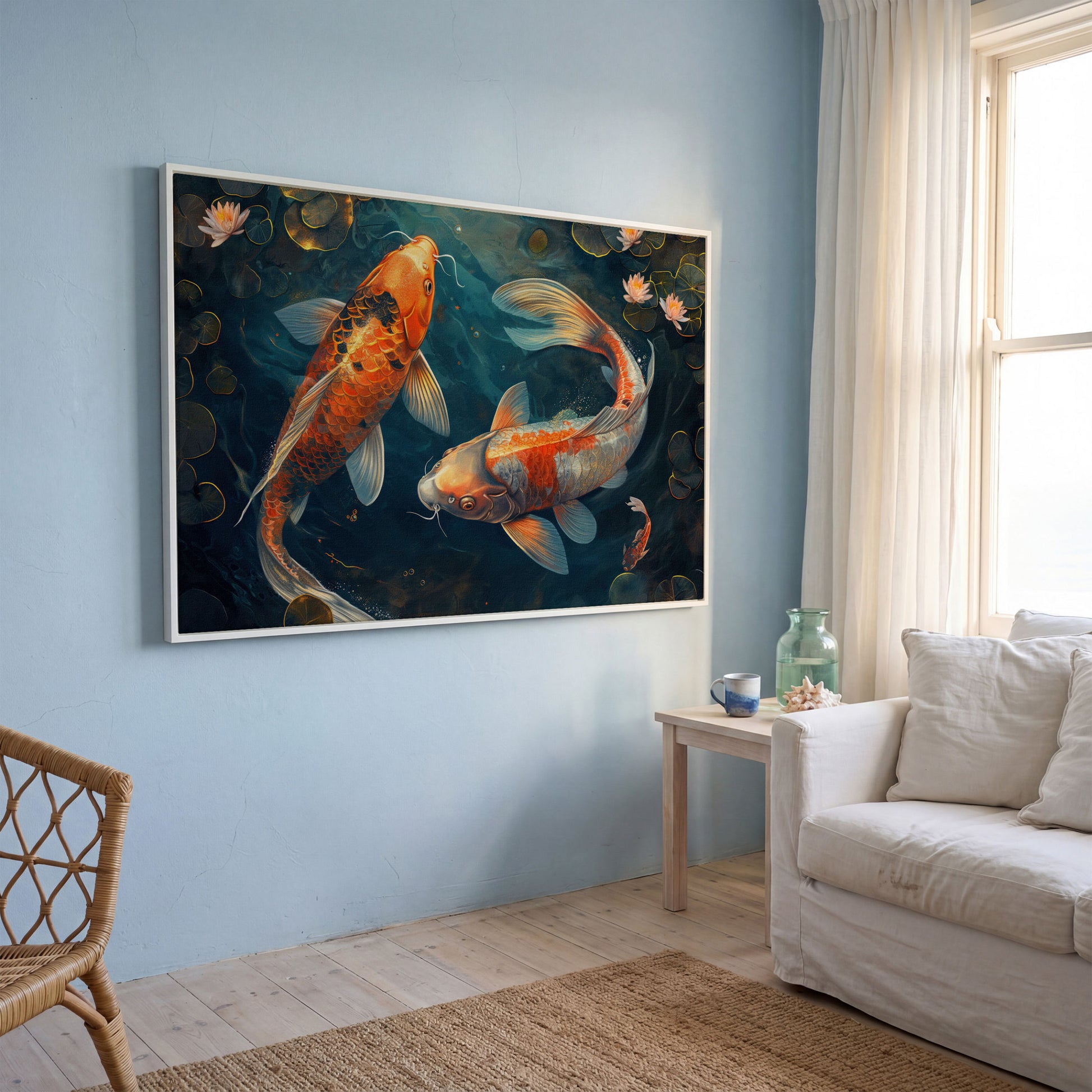 Lively Pond Koi Fish Abstract Canvas in white floating frame