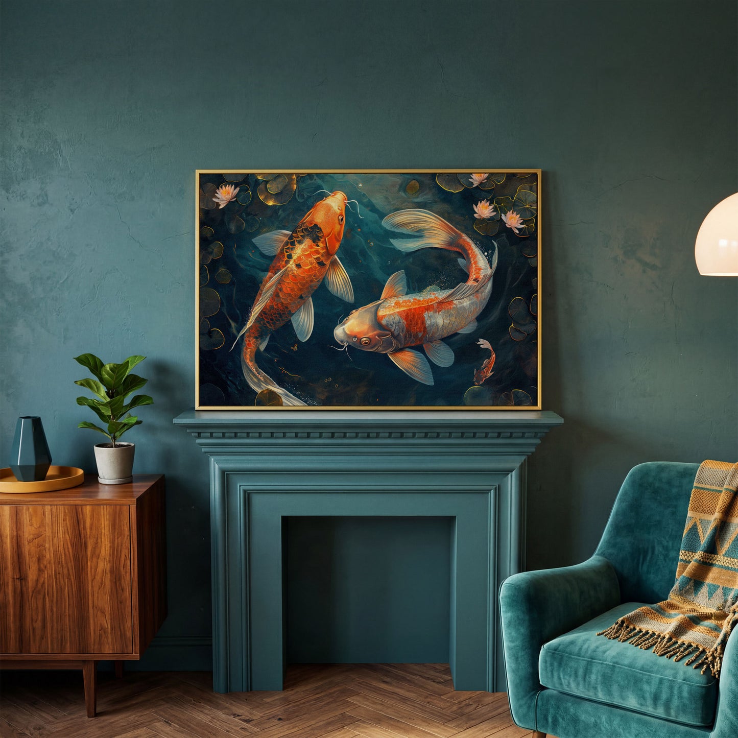Lively Pond Koi Fish Abstract Canvas in yellow gold floating frame