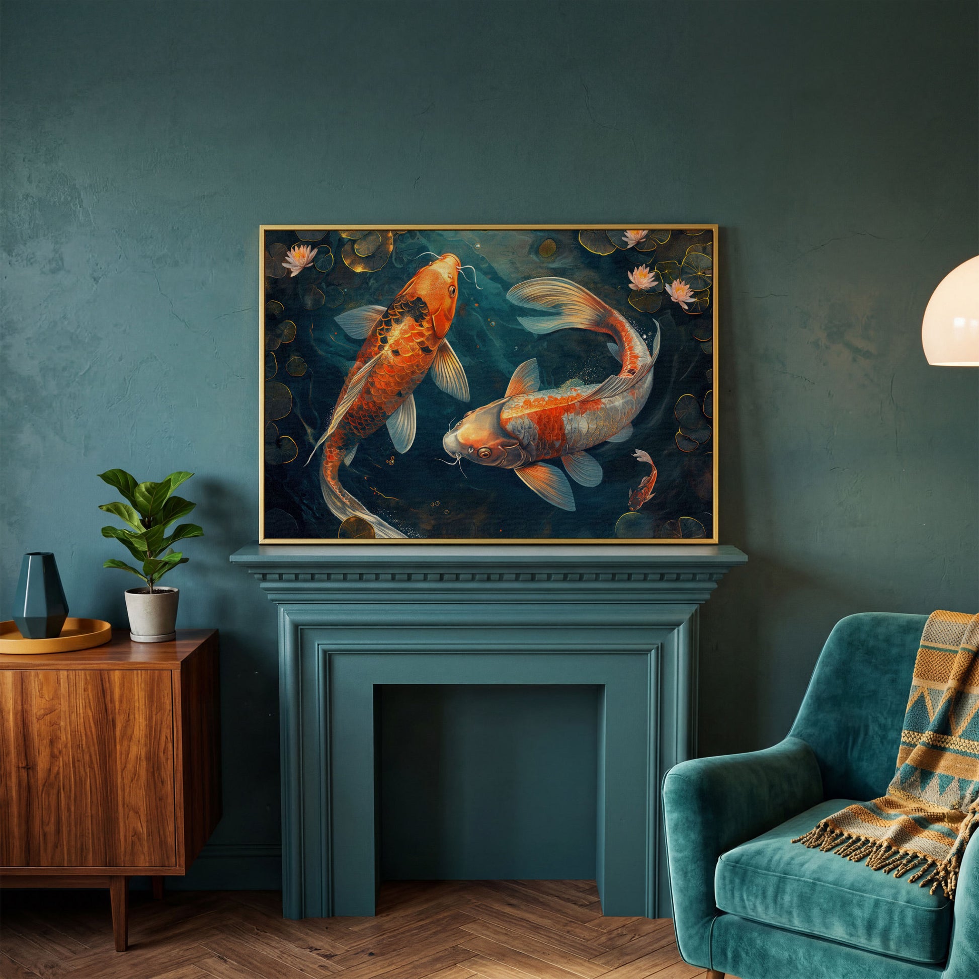 Lively Pond Koi Fish Abstract Canvas in yellow gold floating frame