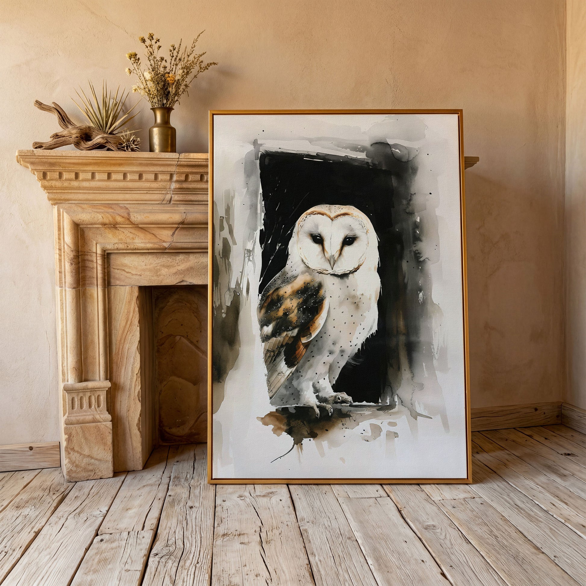 Serene Barn Owl Watercolor Canvas in antique gold floating frame