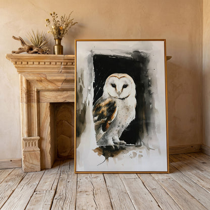 Serene Barn Owl Watercolor Canvas in antique gold floating frame