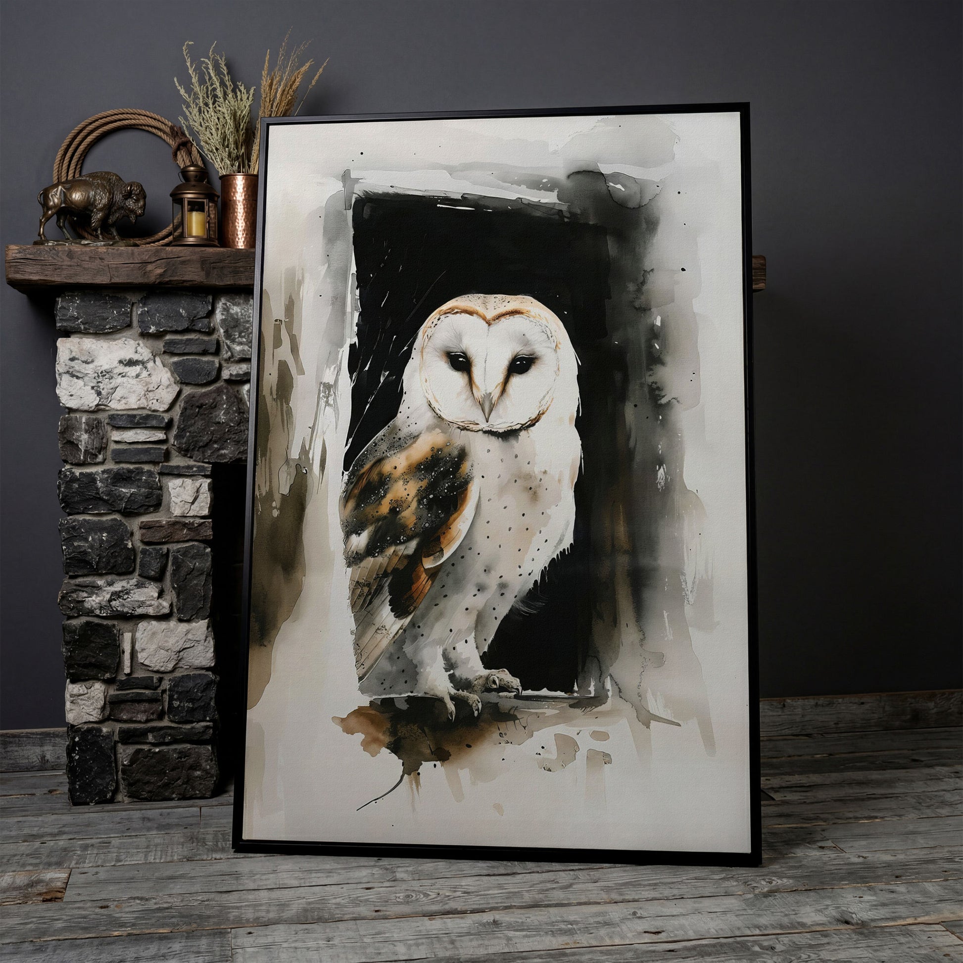 Serene Barn Owl Watercolor Canvas in black floating frame