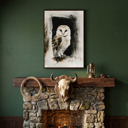 Serene Barn Owl Watercolor Canvas in dark walnut floating frame