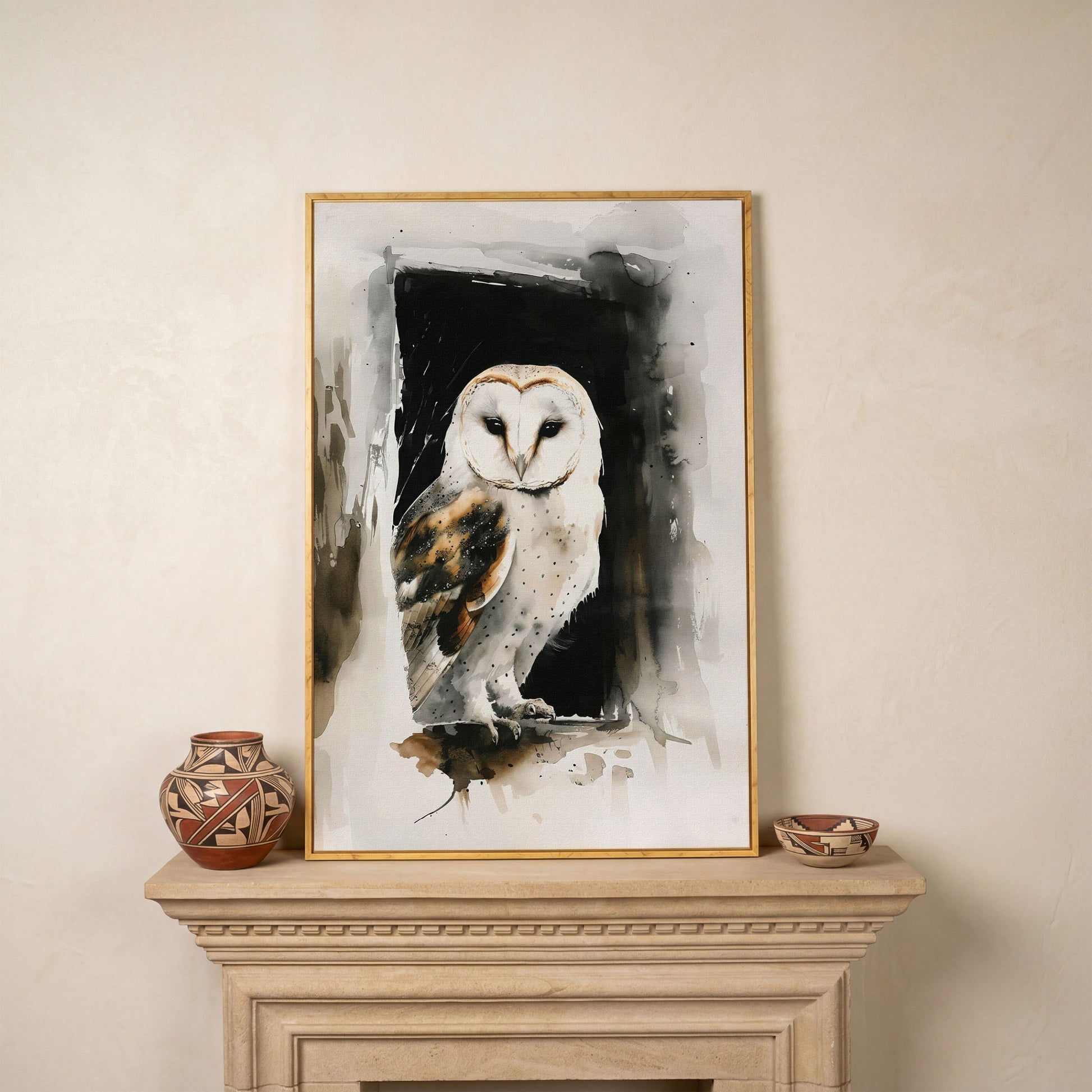 Serene Barn Owl Watercolor Canvas in white oak floating frame