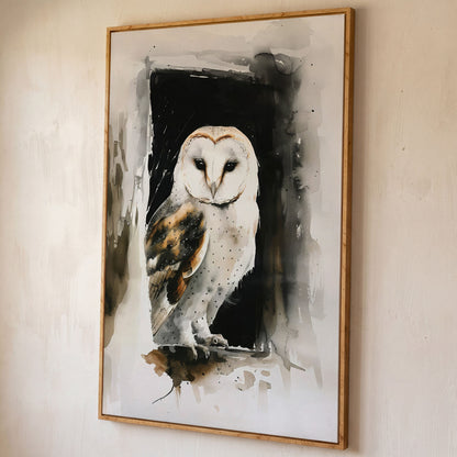 Serene Barn Owl Watercolor Canvas shown in white oak floating frame