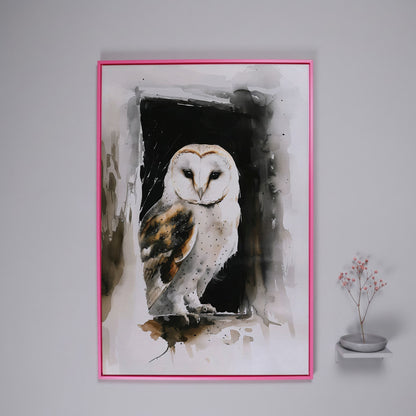 Serene Barn Owl Watercolor Canvas in pink floating frame