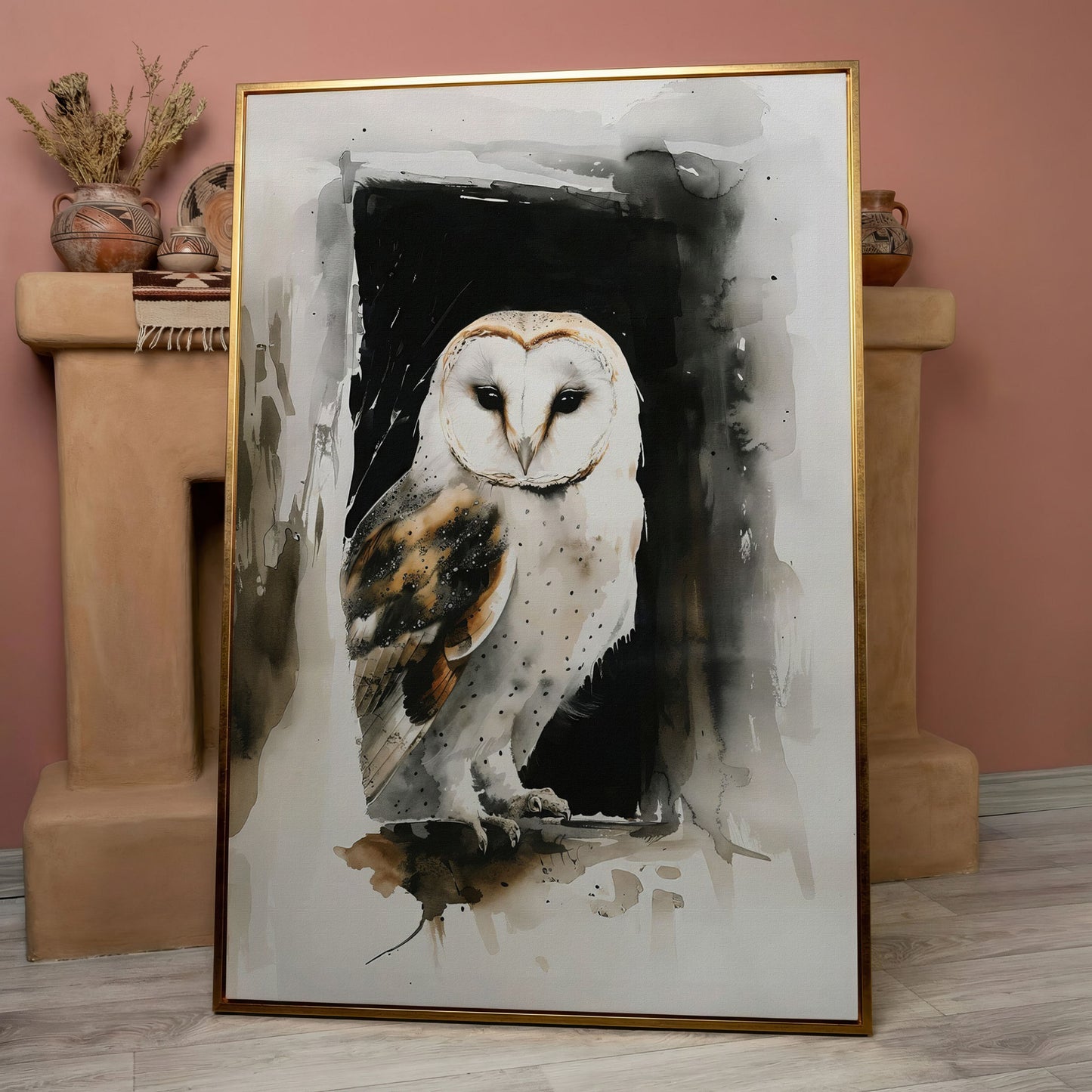 Serene Barn Owl Watercolor Canvas in rose gold floating frame