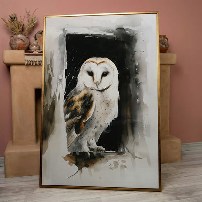 Serene Barn Owl Watercolor Canvas in rose gold floating frame