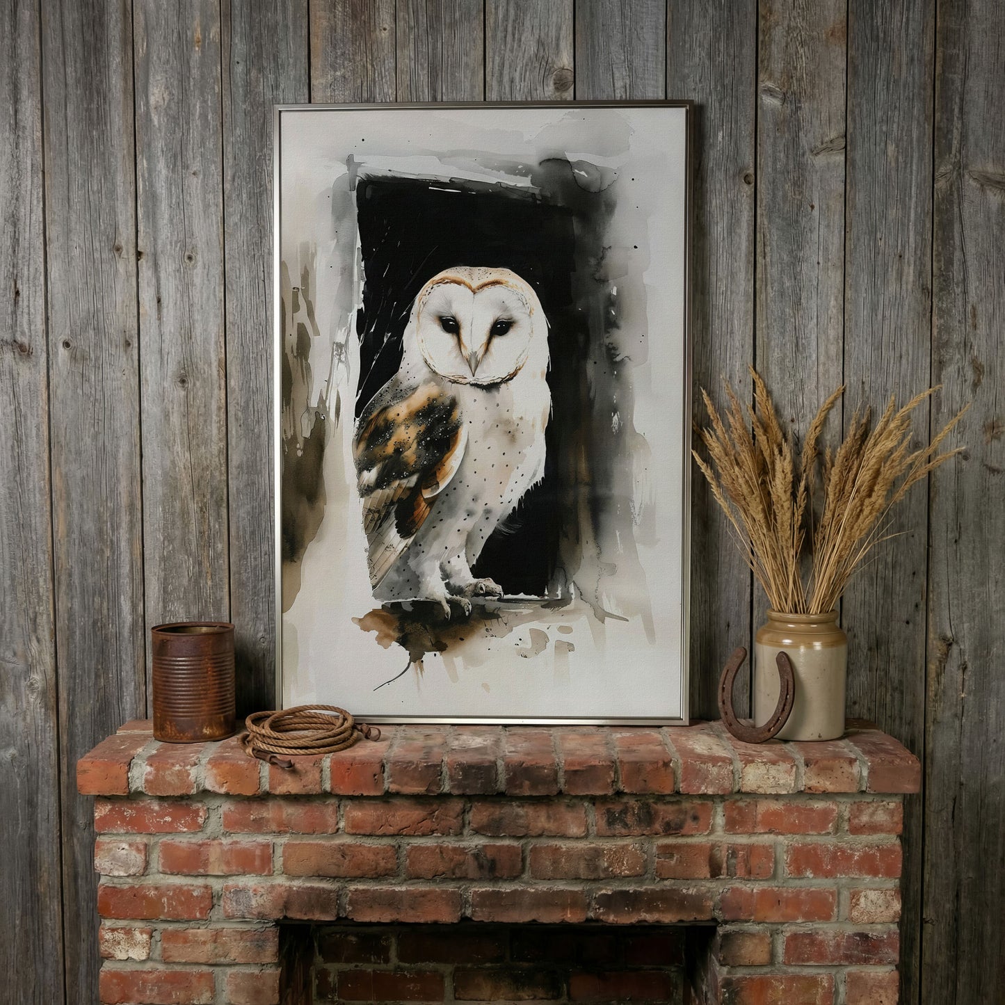Serene Barn Owl Watercolor Canvas in silver floating frame