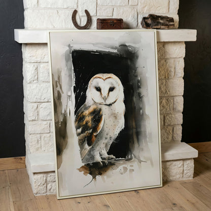 Serene Barn Owl Watercolor Canvas in white floating frame