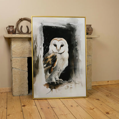 Serene Barn Owl Watercolor Canvas in yellow gold floating frame