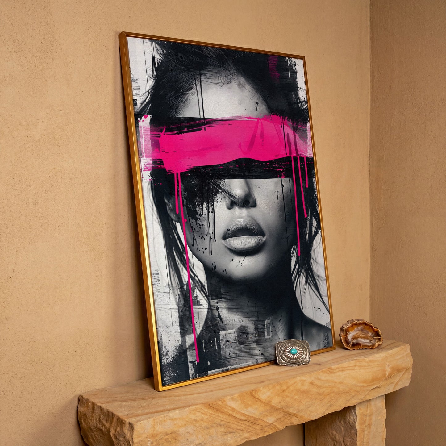 Abstract Woman Face Canvas Art in Monochrome & Pink in antique gold floating frame