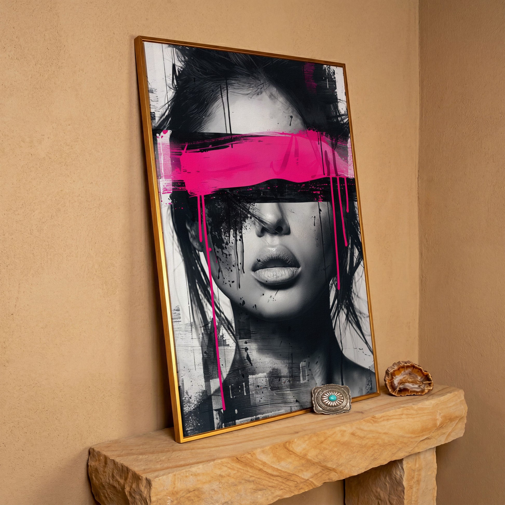 Abstract Woman Face Canvas Art in Monochrome & Pink in antique gold floating frame