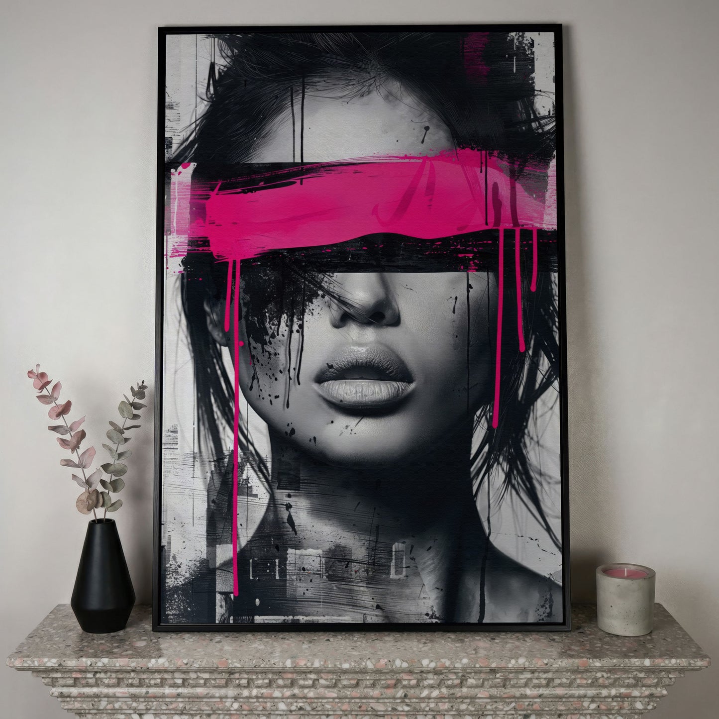 Abstract Woman Face Canvas Art in Monochrome & Pink in black floating frame