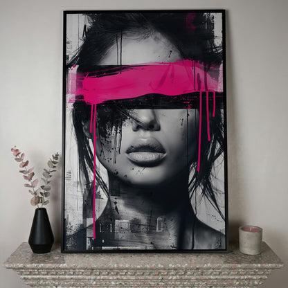 Abstract Woman Face Canvas Art in Monochrome & Pink in black floating frame