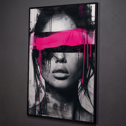 Abstract Woman Face Canvas Art in Monochrome & Pink shown in black floating frame