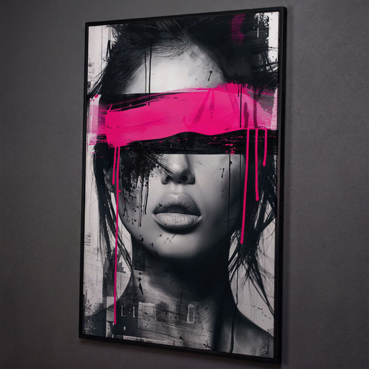 Abstract Woman Face Canvas Art in Monochrome & Pink shown in black floating frame
