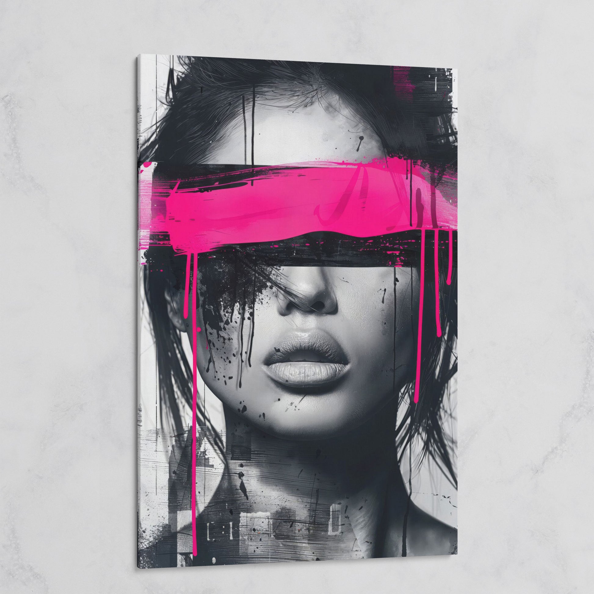 Abstract Woman Face Canvas Art in Monochrome & Pink on gallery wrap