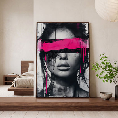 Abstract Woman Face Canvas Art in Monochrome & Pink in dark walnut floating frame