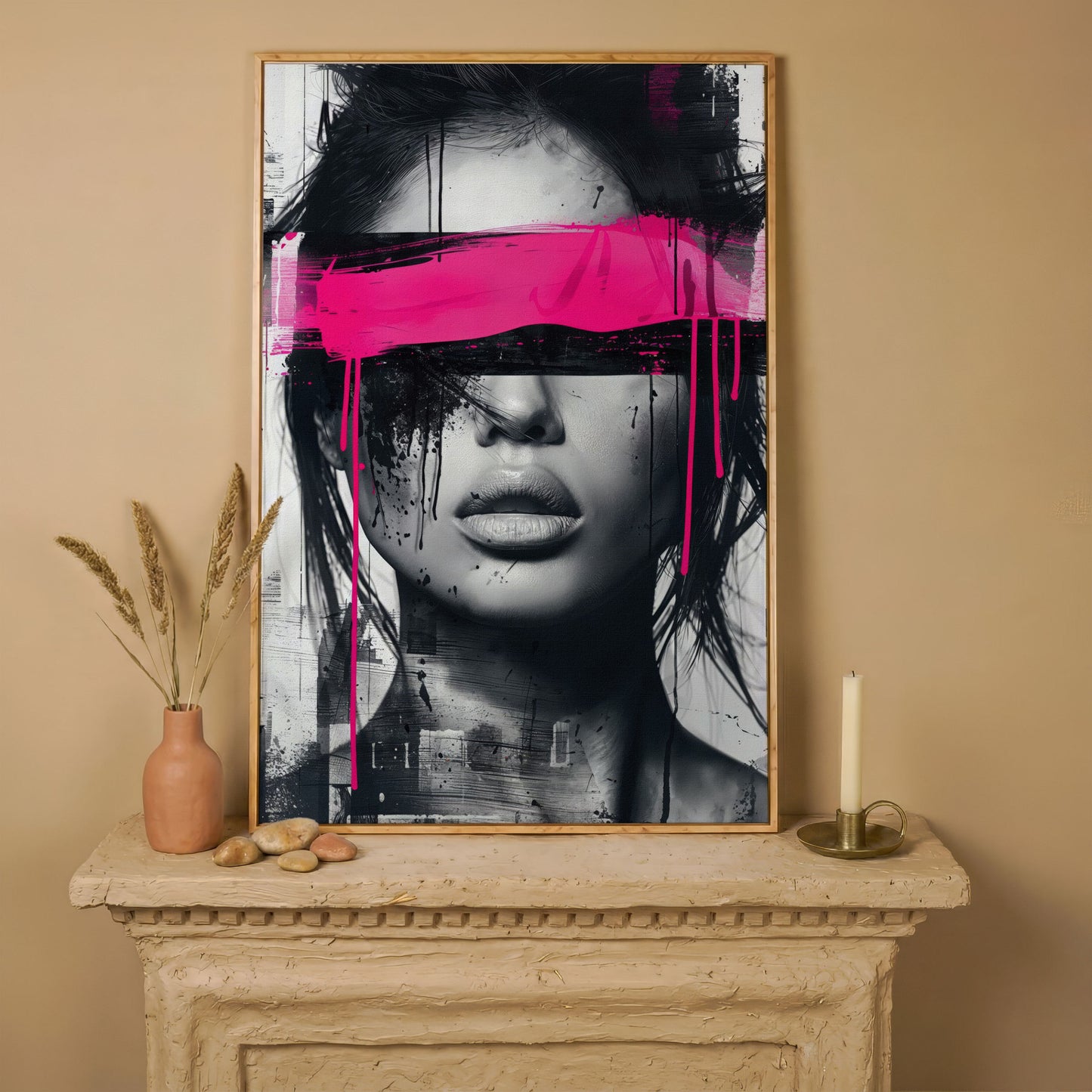 Abstract Woman Face Canvas Art in Monochrome & Pink in white oak floating frame