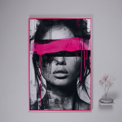 Abstract Woman Face Canvas Art in Monochrome & Pink in pink floating frame