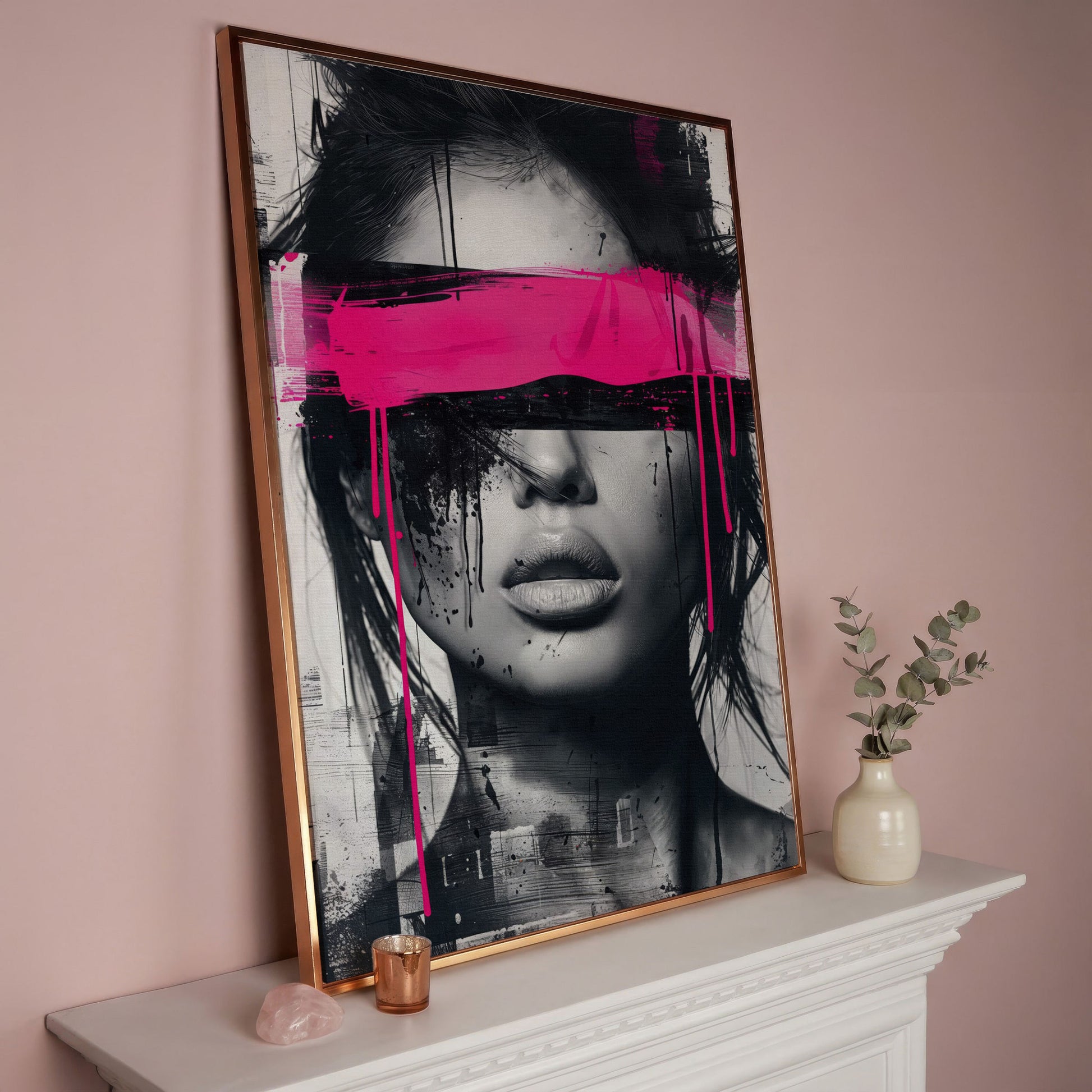 Abstract Woman Face Canvas Art in Monochrome & Pink in rose gold floating frame