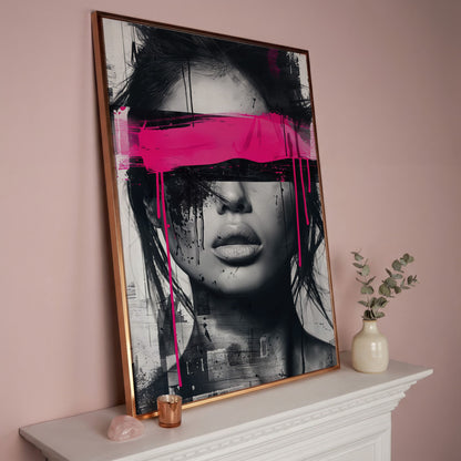 Abstract Woman Face Canvas Art in Monochrome & Pink in rose gold floating frame