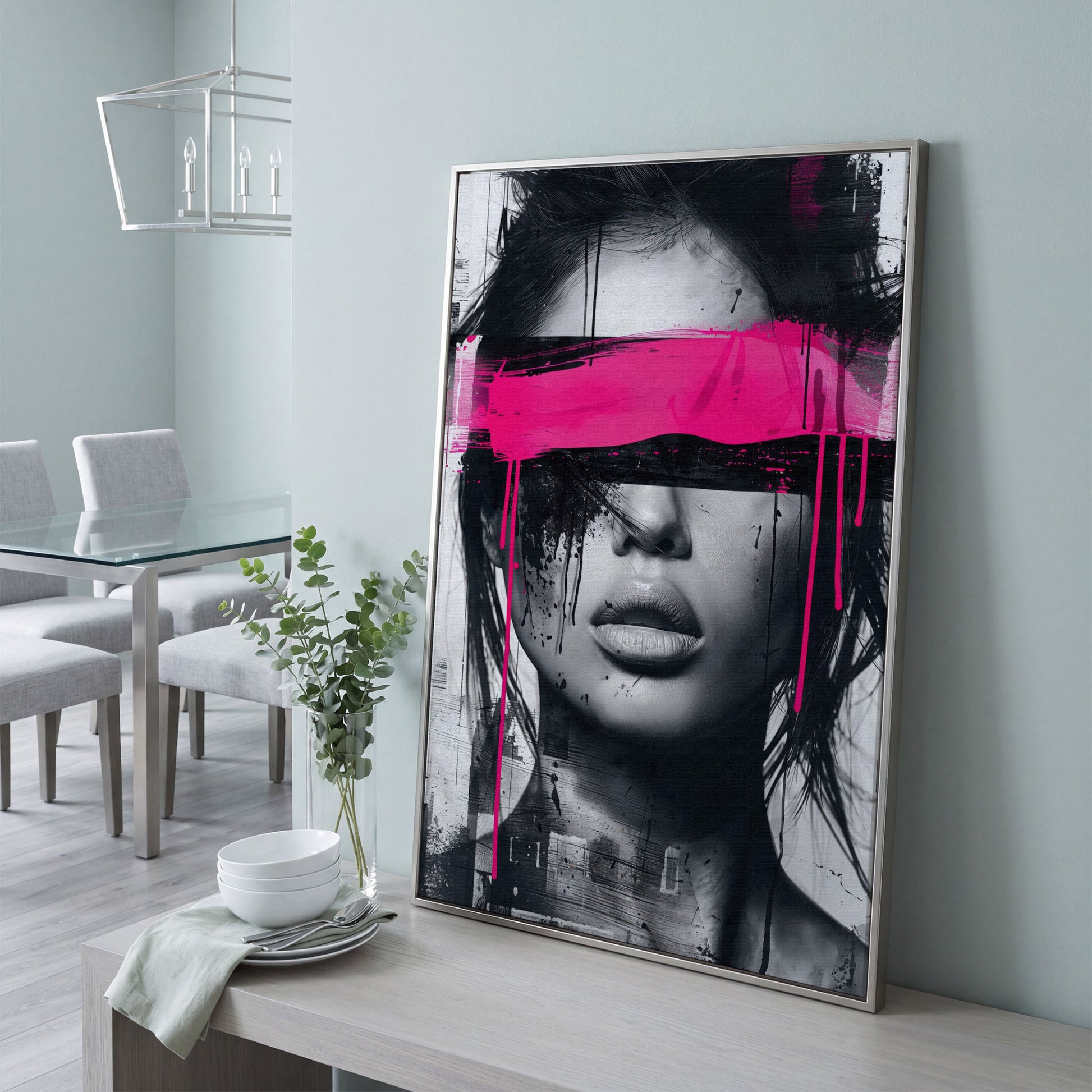 Abstract Woman Face Canvas Art in Monochrome & Pink in silver floating frame