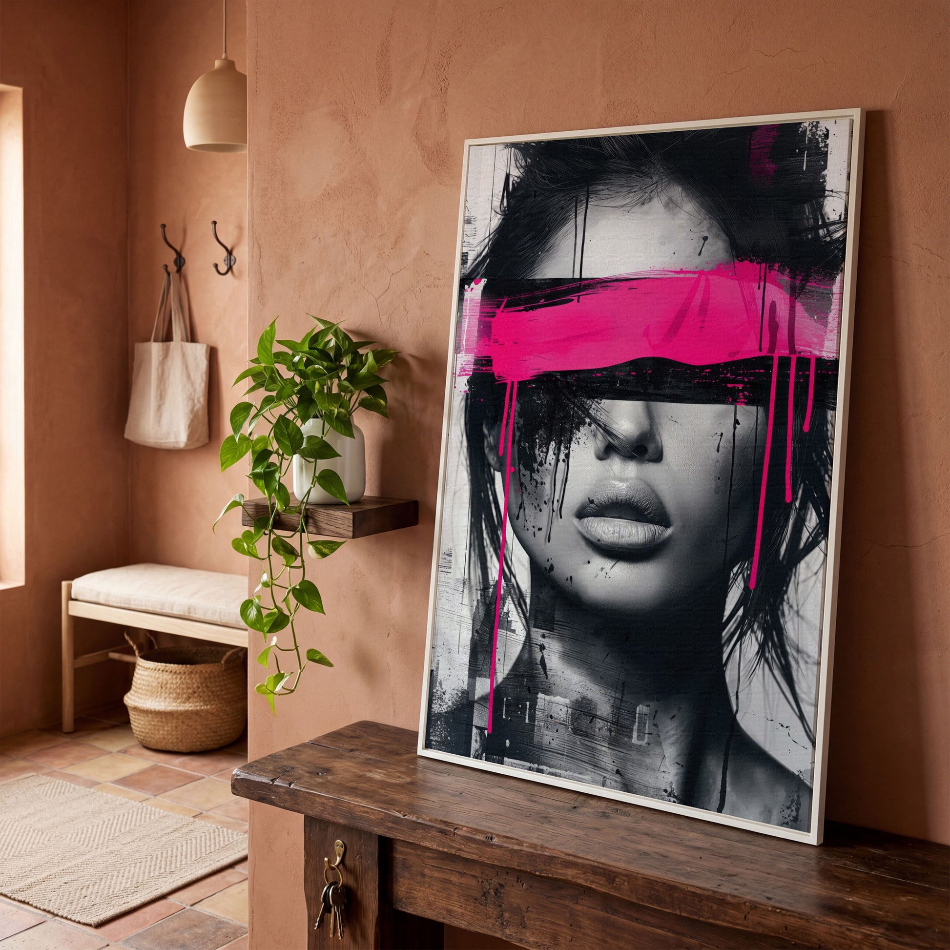 Abstract Woman Face Canvas Art in Monochrome & Pink in white floating frame