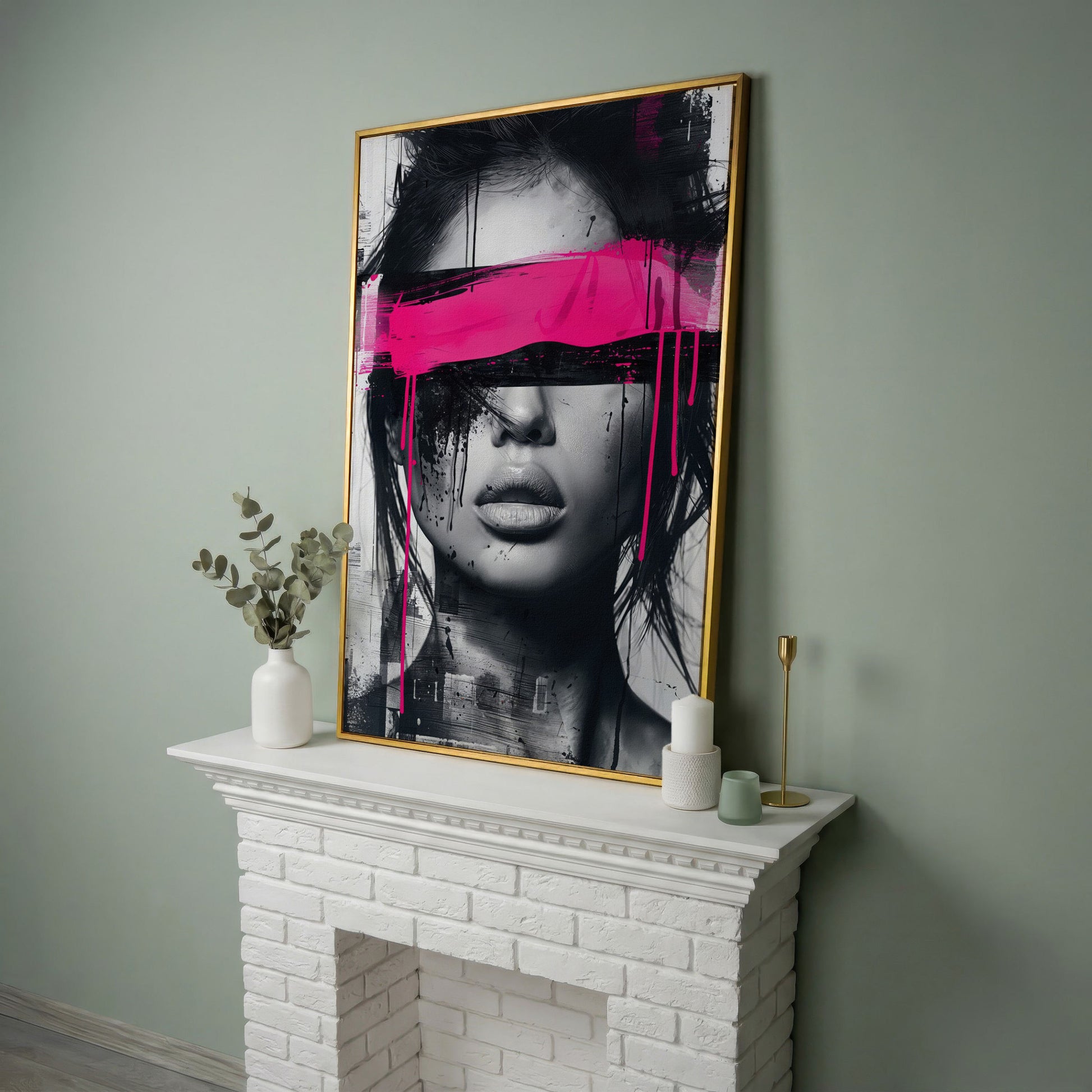 Abstract Woman Face Canvas Art in Monochrome & Pink in yellow gold floating frame