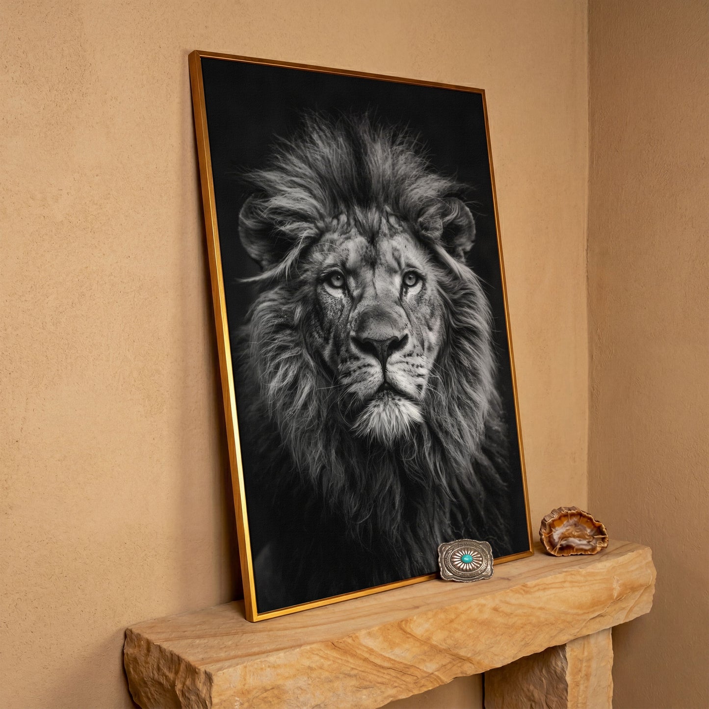 Black and White Lion Portrait Canvas in antique gold floating frame