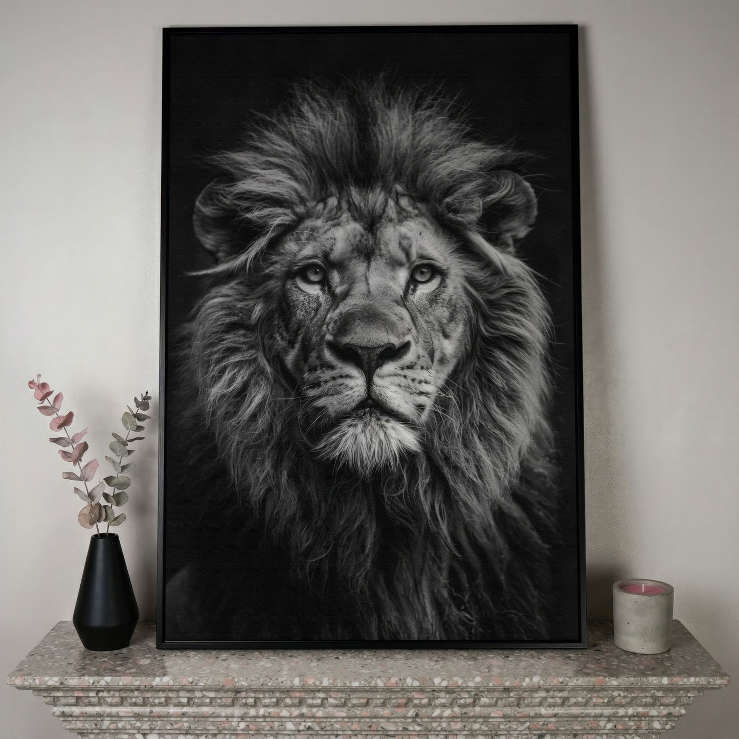 Black and White Lion Portrait Canvas in black floating frame