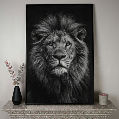Black and White Lion Portrait Canvas in black floating frame