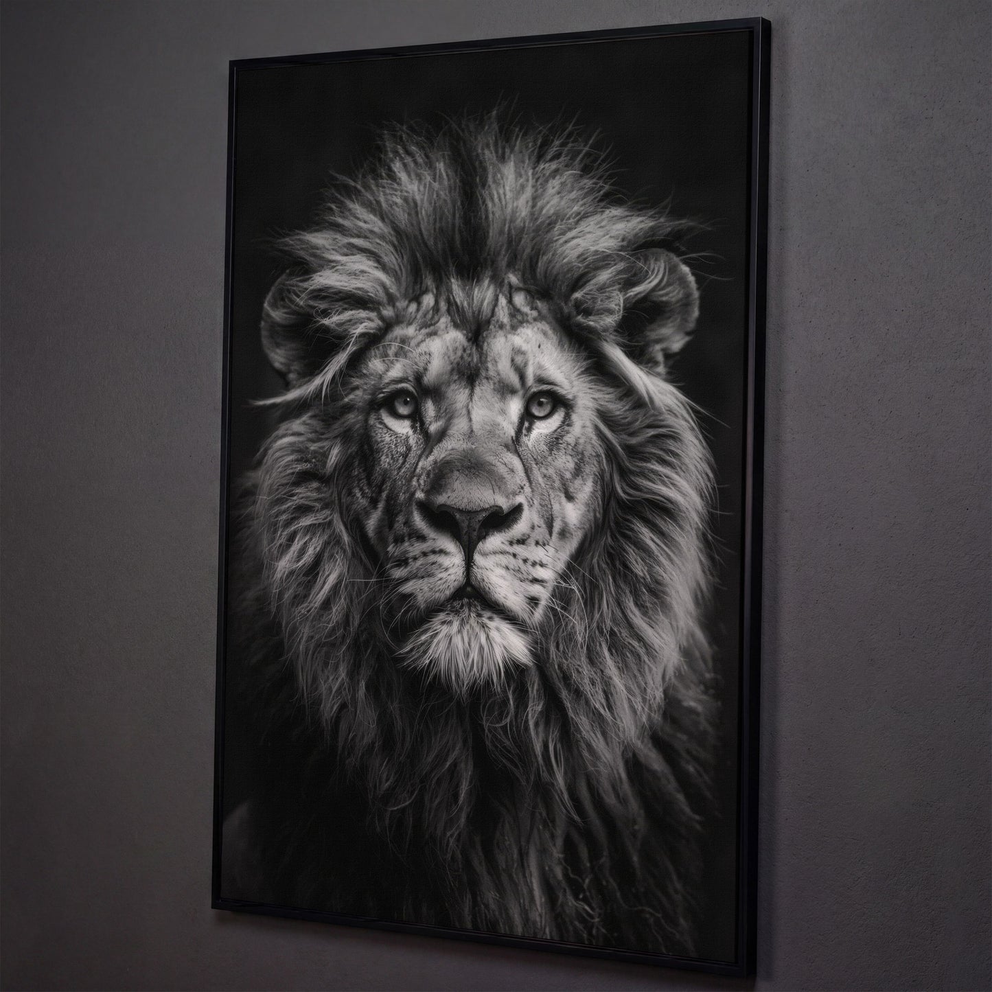 Black and White Lion Portrait Canvas shown in black floating frame