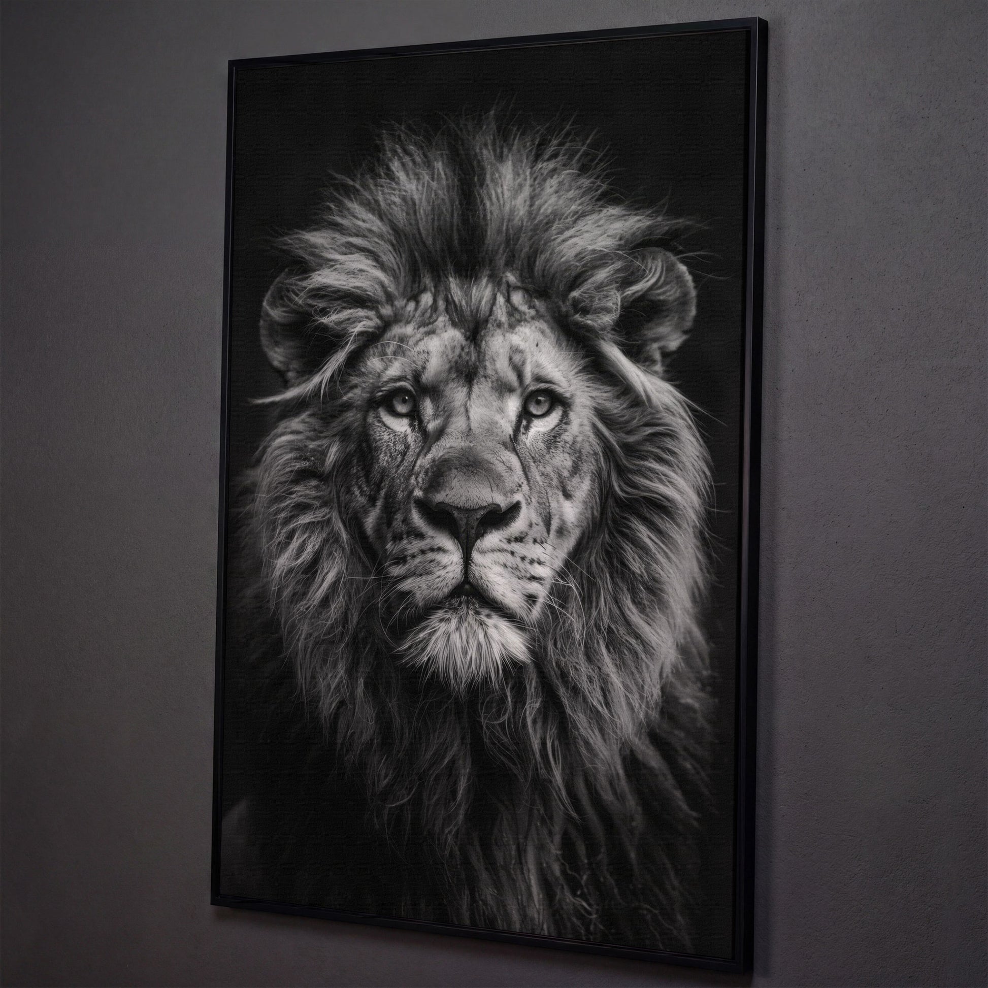 Black and White Lion Portrait Canvas shown in black floating frame