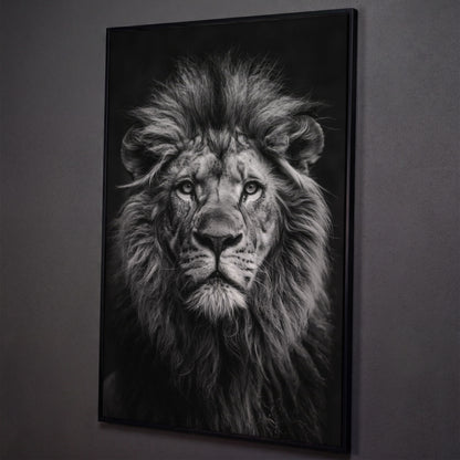 Black and White Lion Portrait Canvas shown in black floating frame