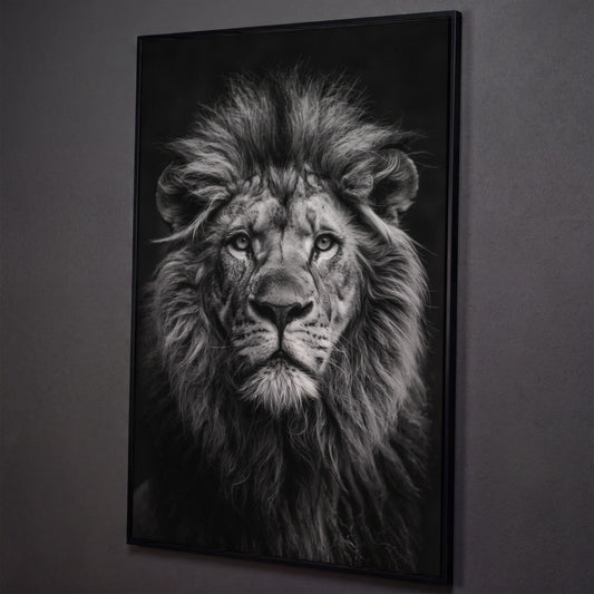 Black and White Lion Portrait Canvas shown in black floating frame