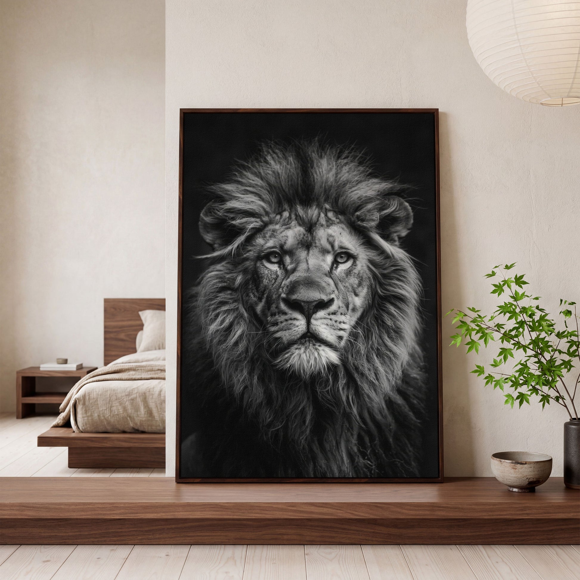 Black and White Lion Portrait Canvas in dark walnut floating frame