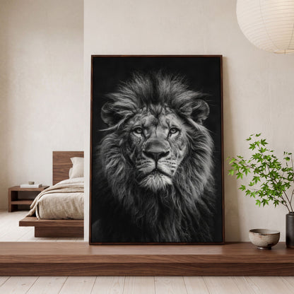 Black and White Lion Portrait Canvas in dark walnut floating frame