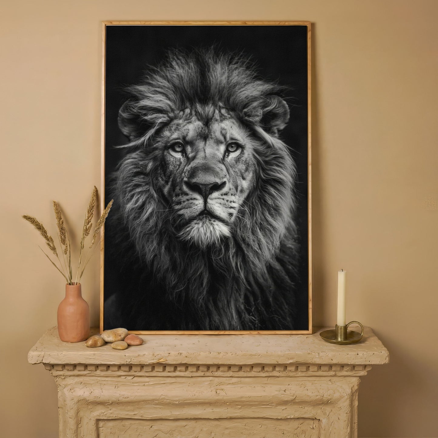 Black and White Lion Portrait Canvas in white oak floating frame