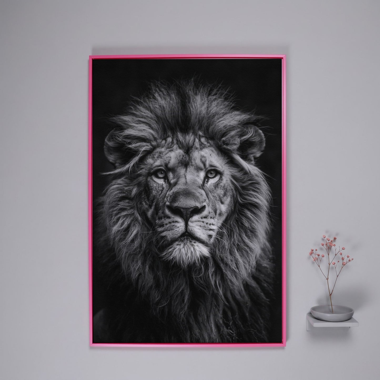 Black and White Lion Portrait Canvas in pink floating frame