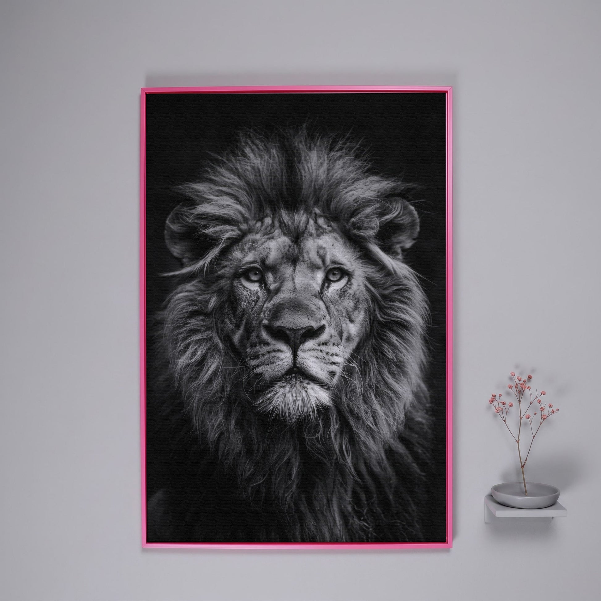 Black and White Lion Portrait Canvas in pink floating frame