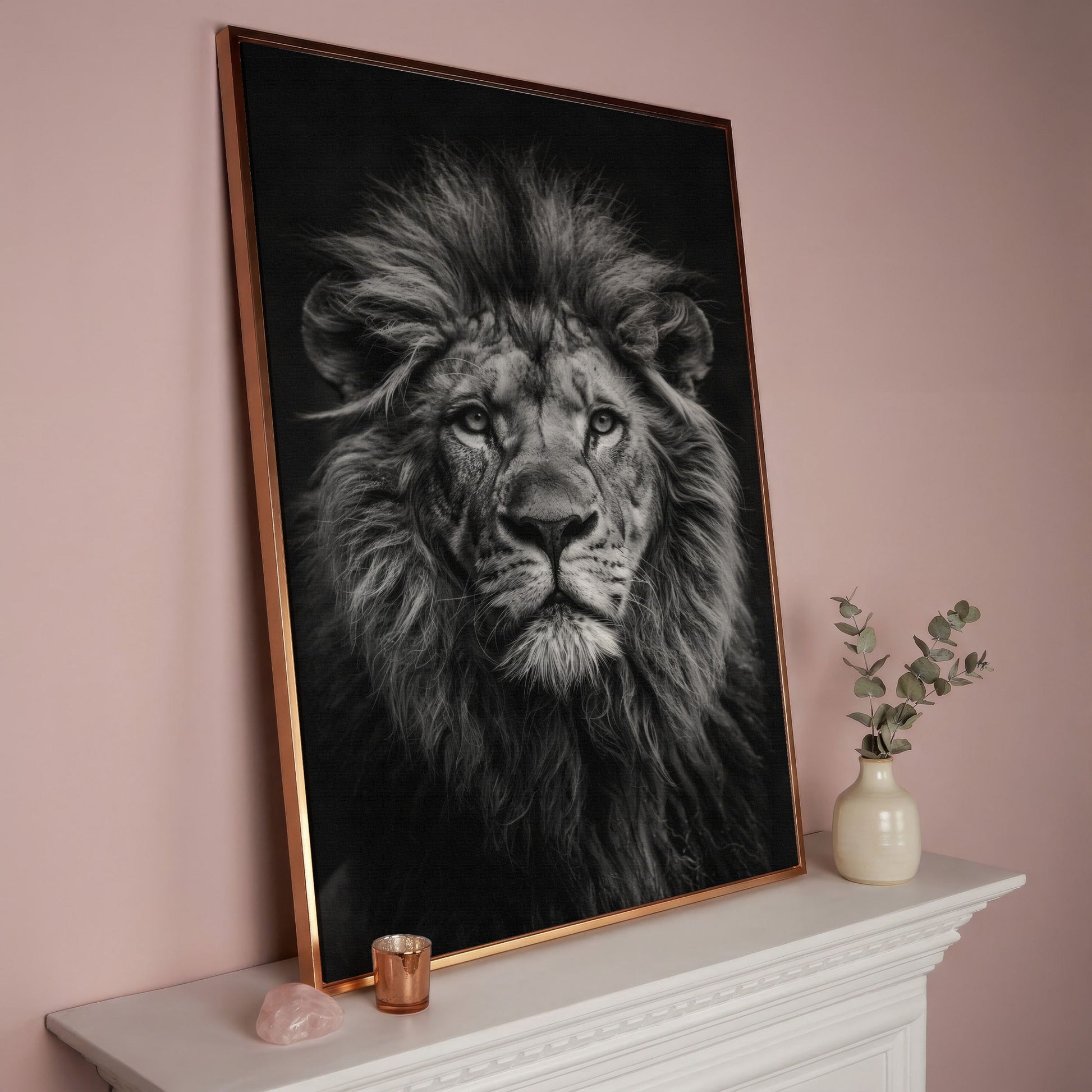 Black and White Lion Portrait Canvas in rose gold floating frame