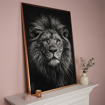 Black and White Lion Portrait Canvas in rose gold floating frame